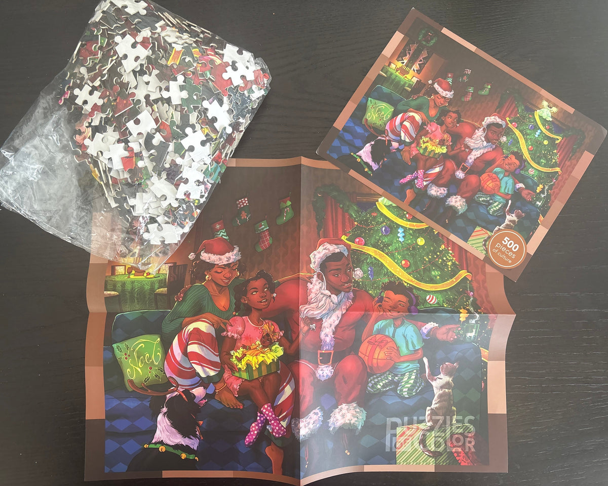 Jigsaw puzzle packaging with a festive scene of people around a Christmas tree.