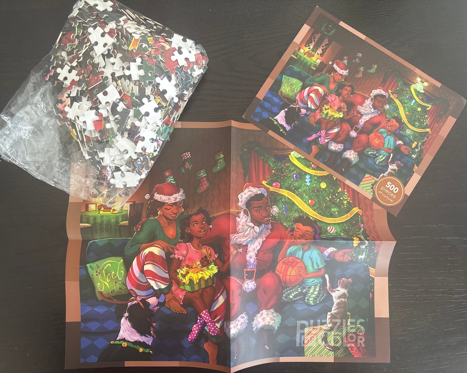 Jigsaw puzzle packaging with a festive scene of people around a Christmas tree.