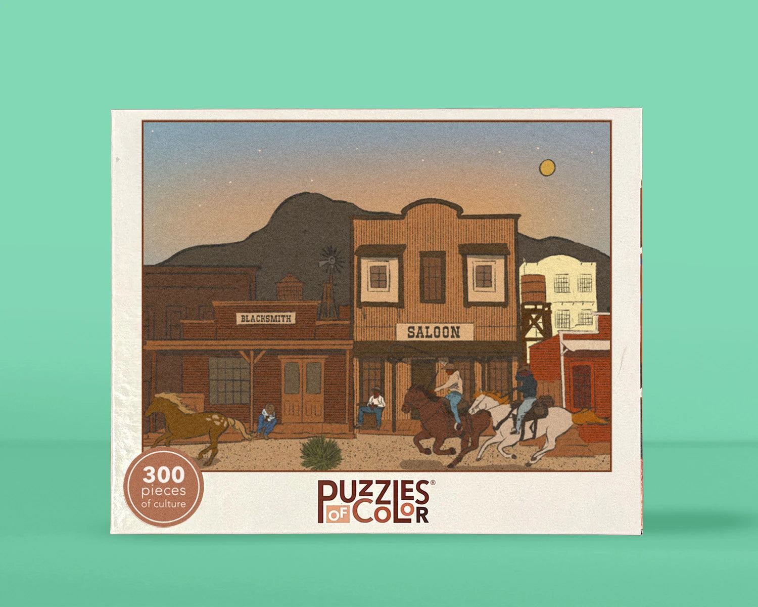 Western black cowboys riding pass saloon at sunset herding loose cattle.